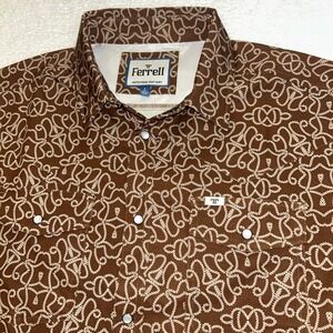 Ferrell Product Vented Pearl Snap Shirt Rope Print Mens Large Dark Brown Darrell